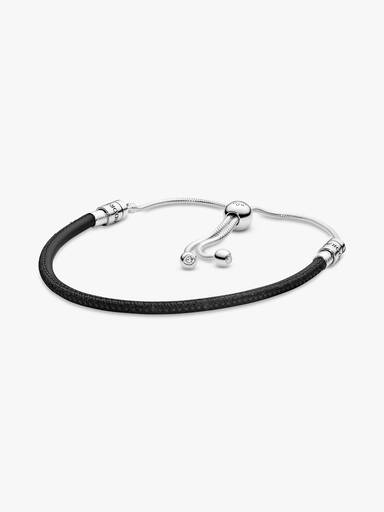 Silver sliding bracelet with black leather and clear cubic zirconia