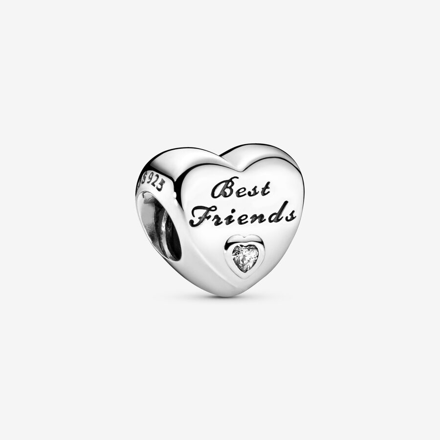 Best Friends heart silver charm with clear cubic zirconia image number 0
