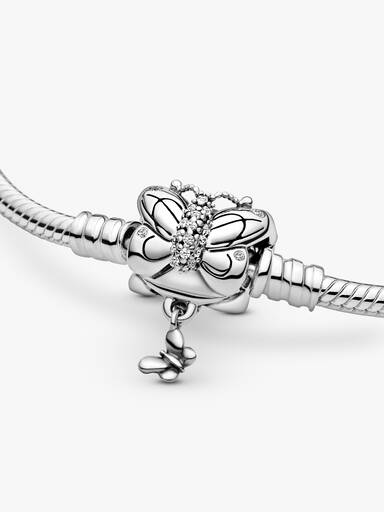 Snake chain silver bracelet and butterfly clasp with clear cubic zirconia