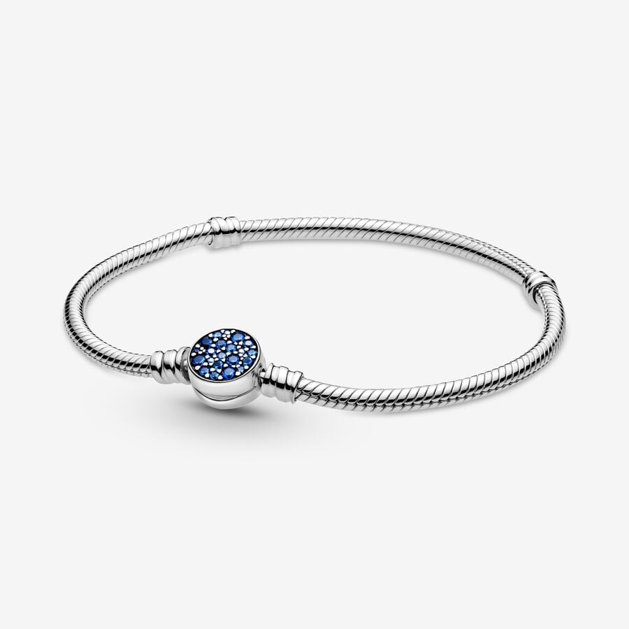 Pandora Moments Sparkling Blue Disc Clasp Snake Chain Bracelet image number 0