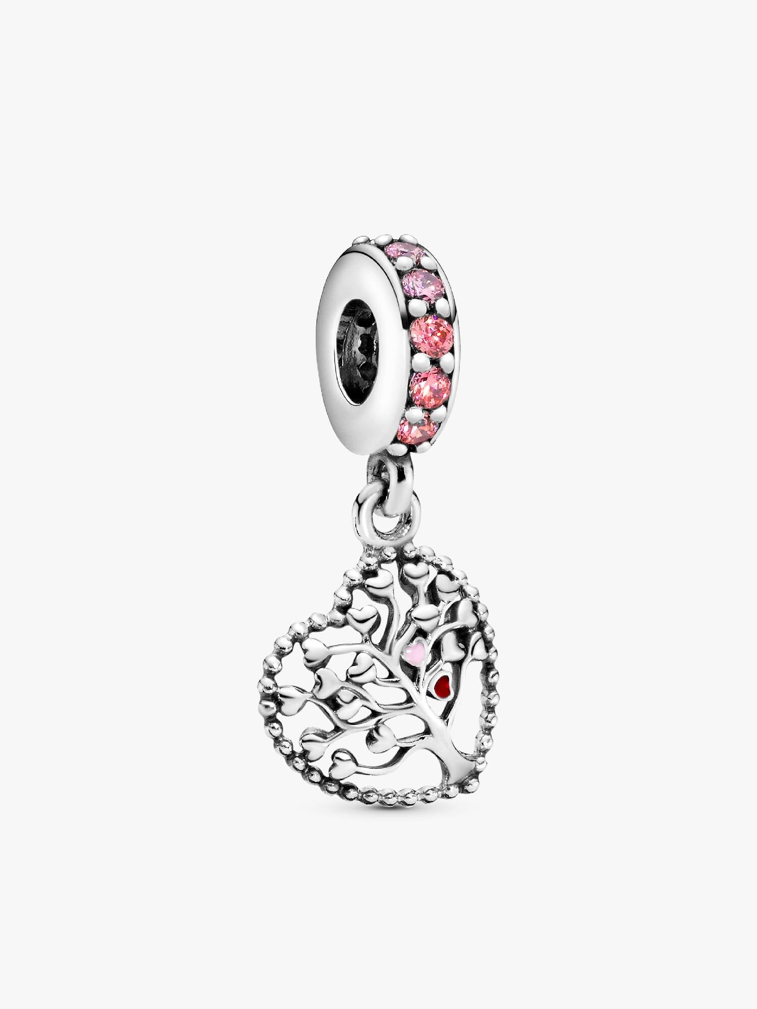 Family tree heart silver dangle with red and pink enamel and mixed pink stones