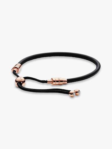 14k Rose gold-plated sliding bracelet in black leather, waxed cord with clear cubic zirconia