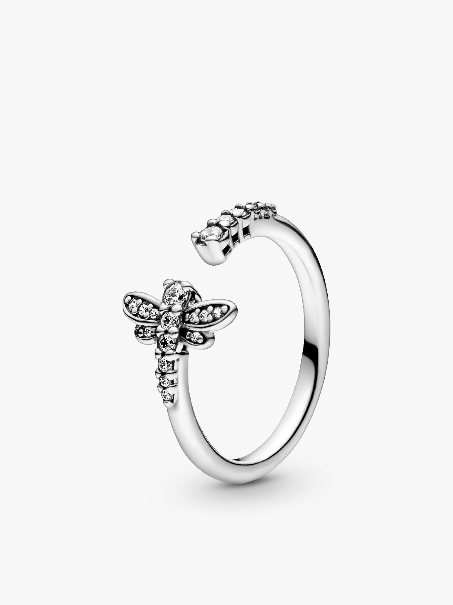 Dragonfly sterling silver open ring with clear cubic zirconia
