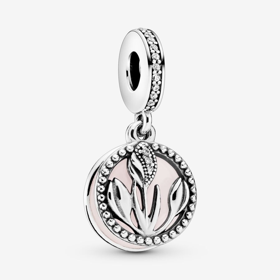 Tulip silver dangle with clear cubic zirconia, white and shaded pink enamel image number 0