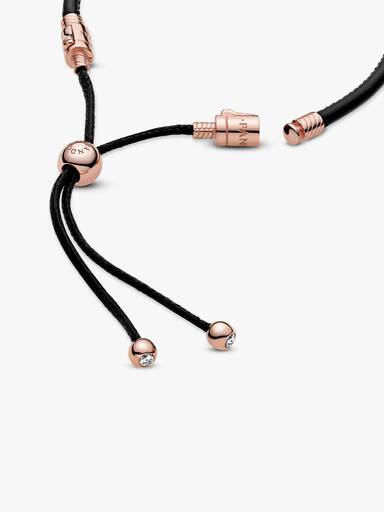 14k Rose gold-plated sliding bracelet in black leather, waxed cord with clear cubic zirconia