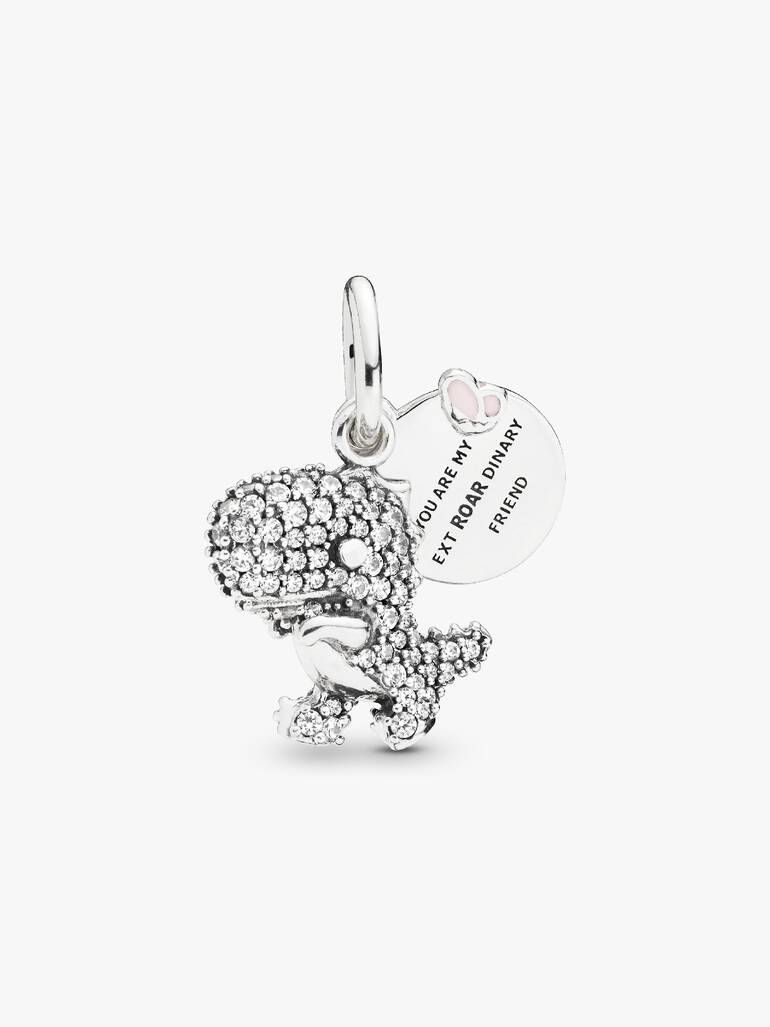 Dinosaur silver dangle with clear cubic zirconia and pink enamel