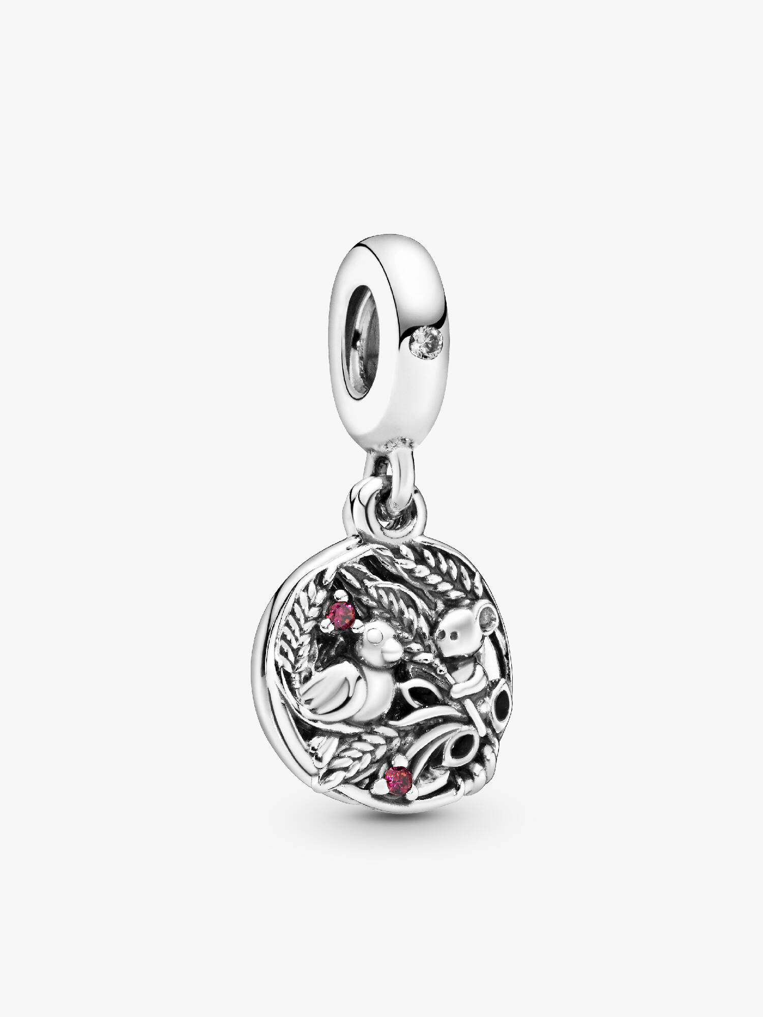 Wheatfield bird and mouse silver dangle with purple enamel, red and clear cubic zirconia