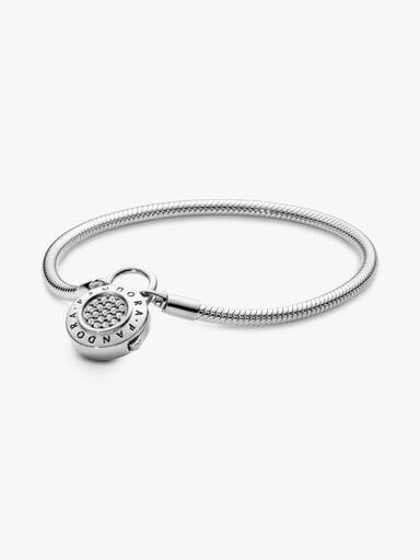 Snake chain silver bracelet and PANDORA logo padlock clasp with clear cubic zirconia