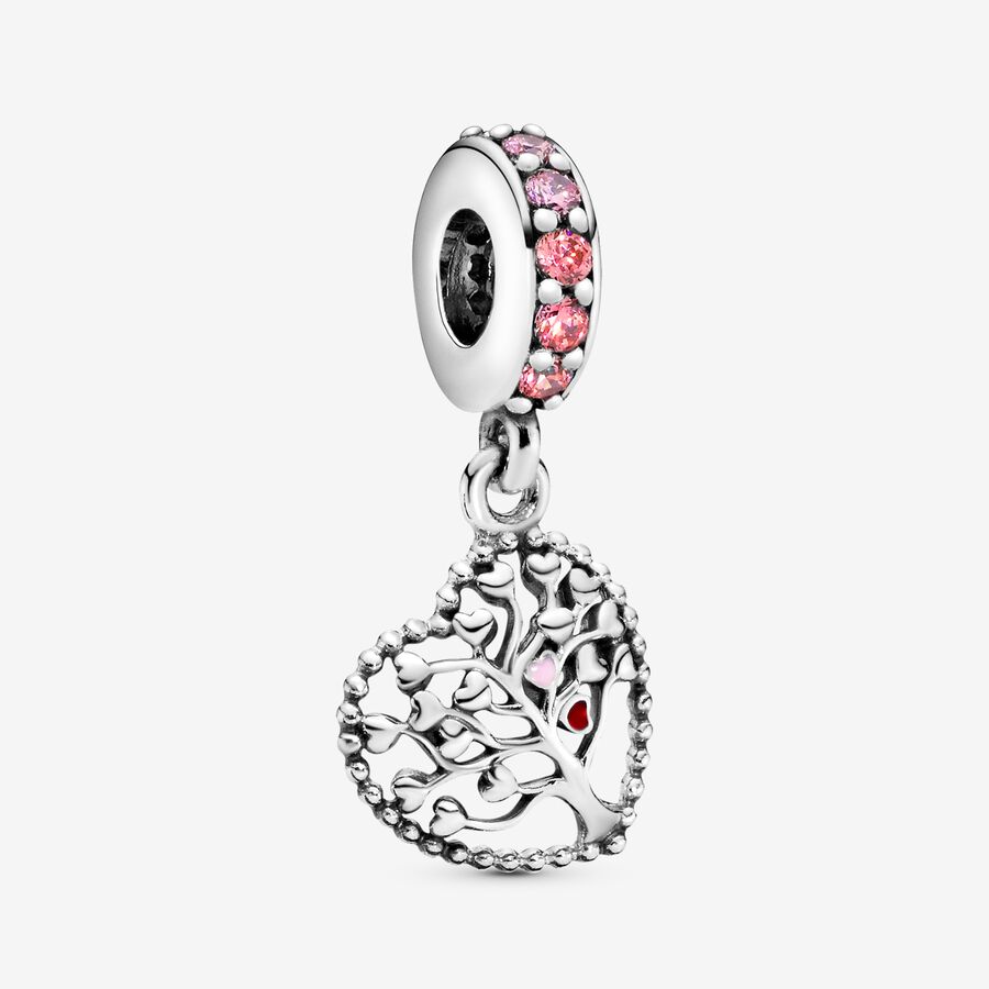 Family tree heart silver dangle with red and pink enamel and mixed pink stones image number 0