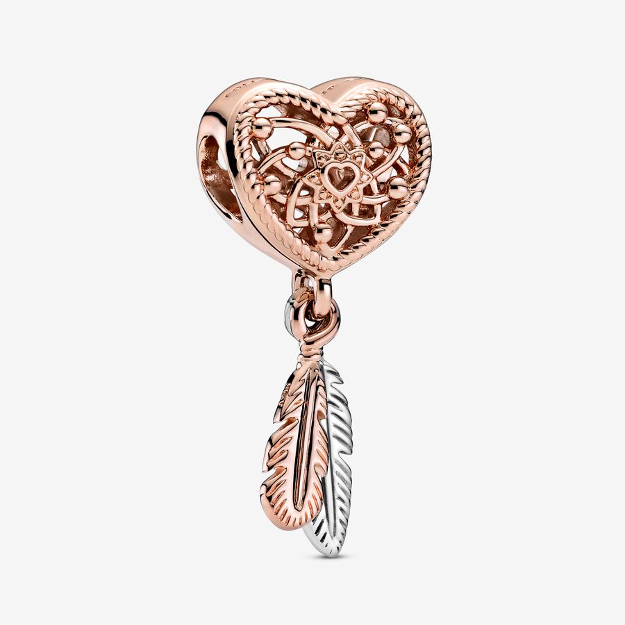 Openwork Heart & Two Feathers Dreamcatcher Charm image number 0