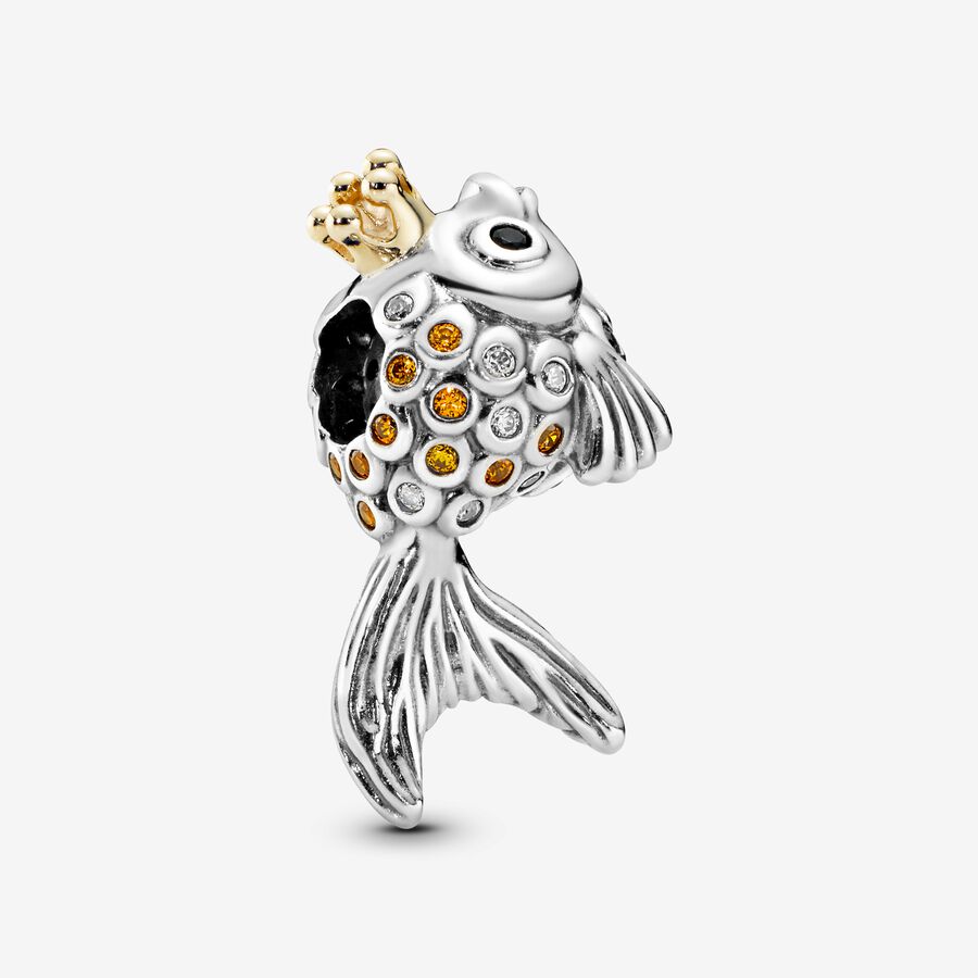 Fairytale fish silver charm with 14k, orange and golden coloured cubic zirconia and black crystal image number 0