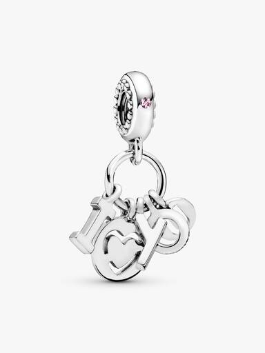 I love you silver dangle with fancy fuchsia pink cubic zirconia