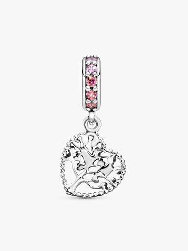 Family tree heart silver dangle with red and pink enamel and mixed pink stones