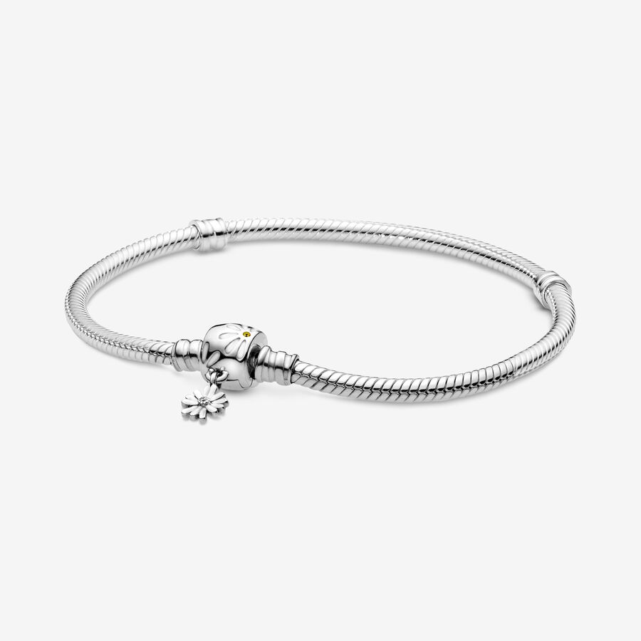 Snake chain sterling silver bracelet and daisy clasp with yellow crystal, clear cubic zirconia and white enamel image number 0