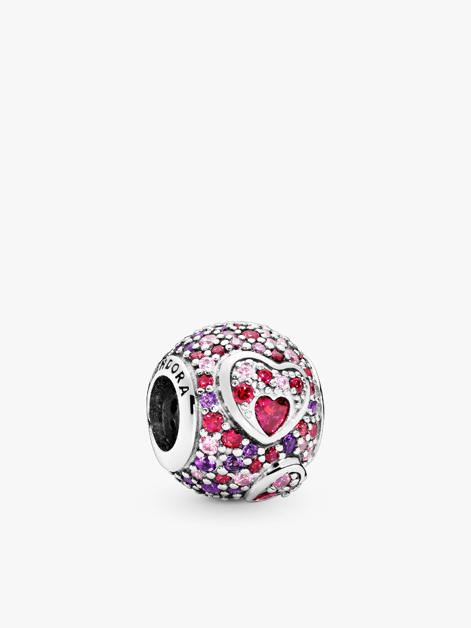 Heart silver charm with red and pink cubic zirconia and royal purple crystal