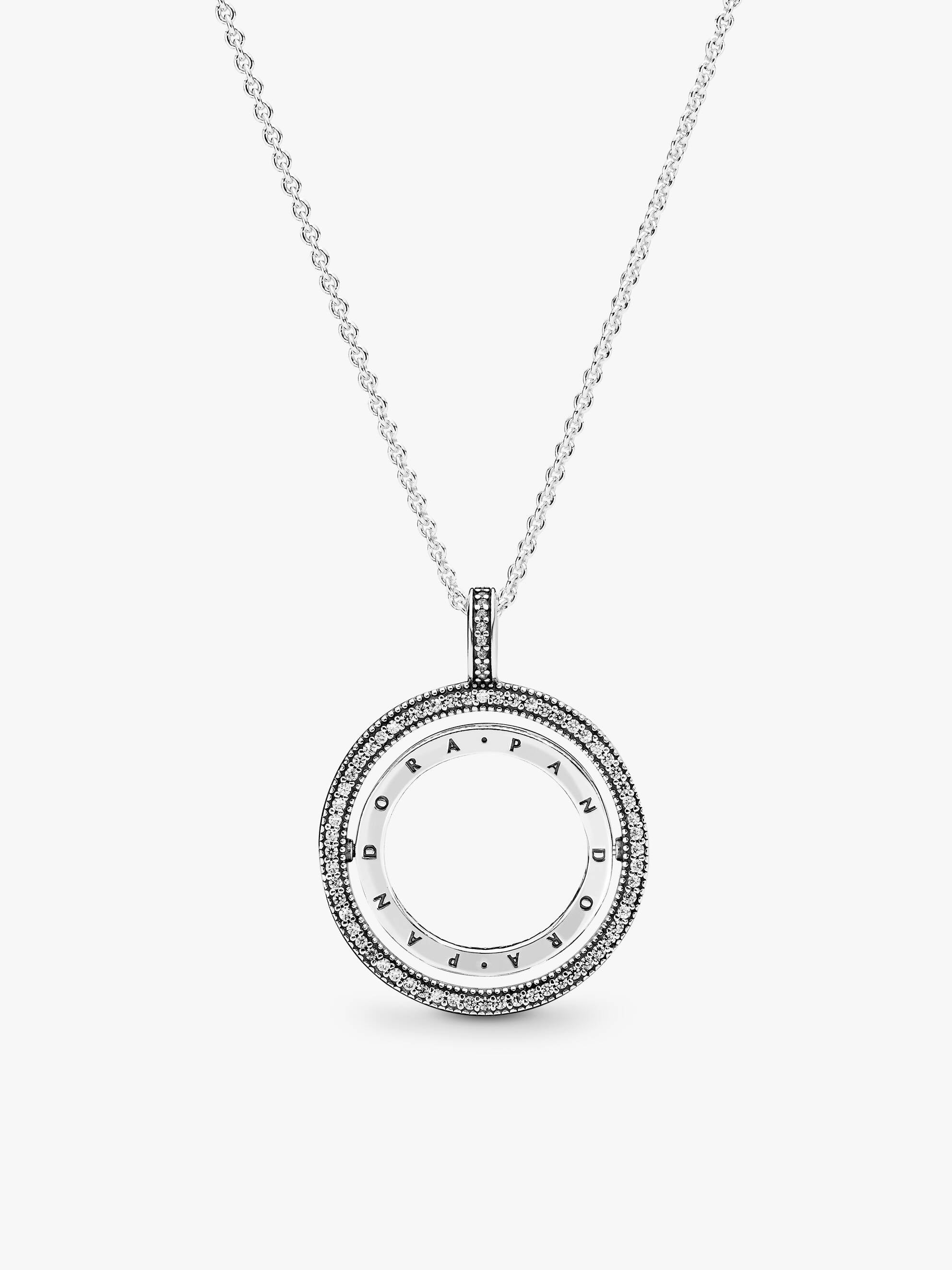 PANDORA logo spinning silver pendant with clear cubic zirconia and chain