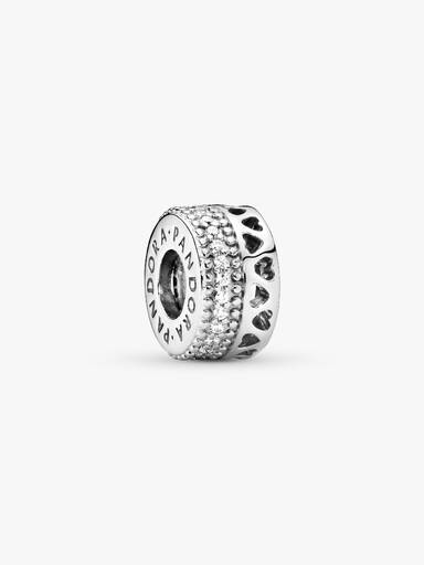 Hearts silver spacer with clear cubic zirconia