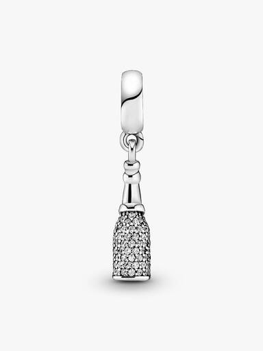 Sparkling wine silver dangle with clear cubic zirconia and red enamel