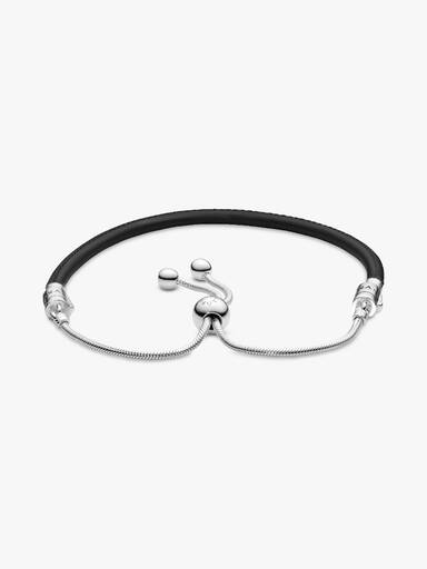 Silver sliding bracelet with black leather and clear cubic zirconia