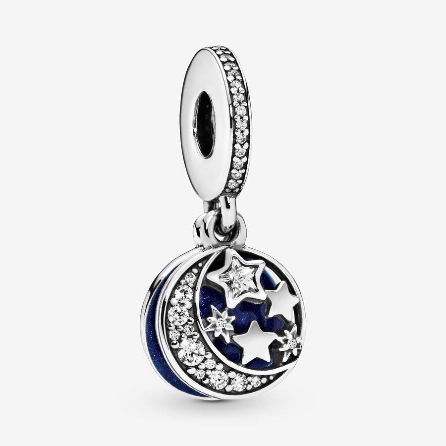 Moon and star silver dangle with clear cubic zirconia and blue enamel image number 0