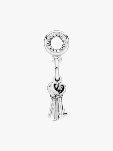 Love keys silver dangle with pink mist, royal purple, royal blue crystal and red cubic zirconia