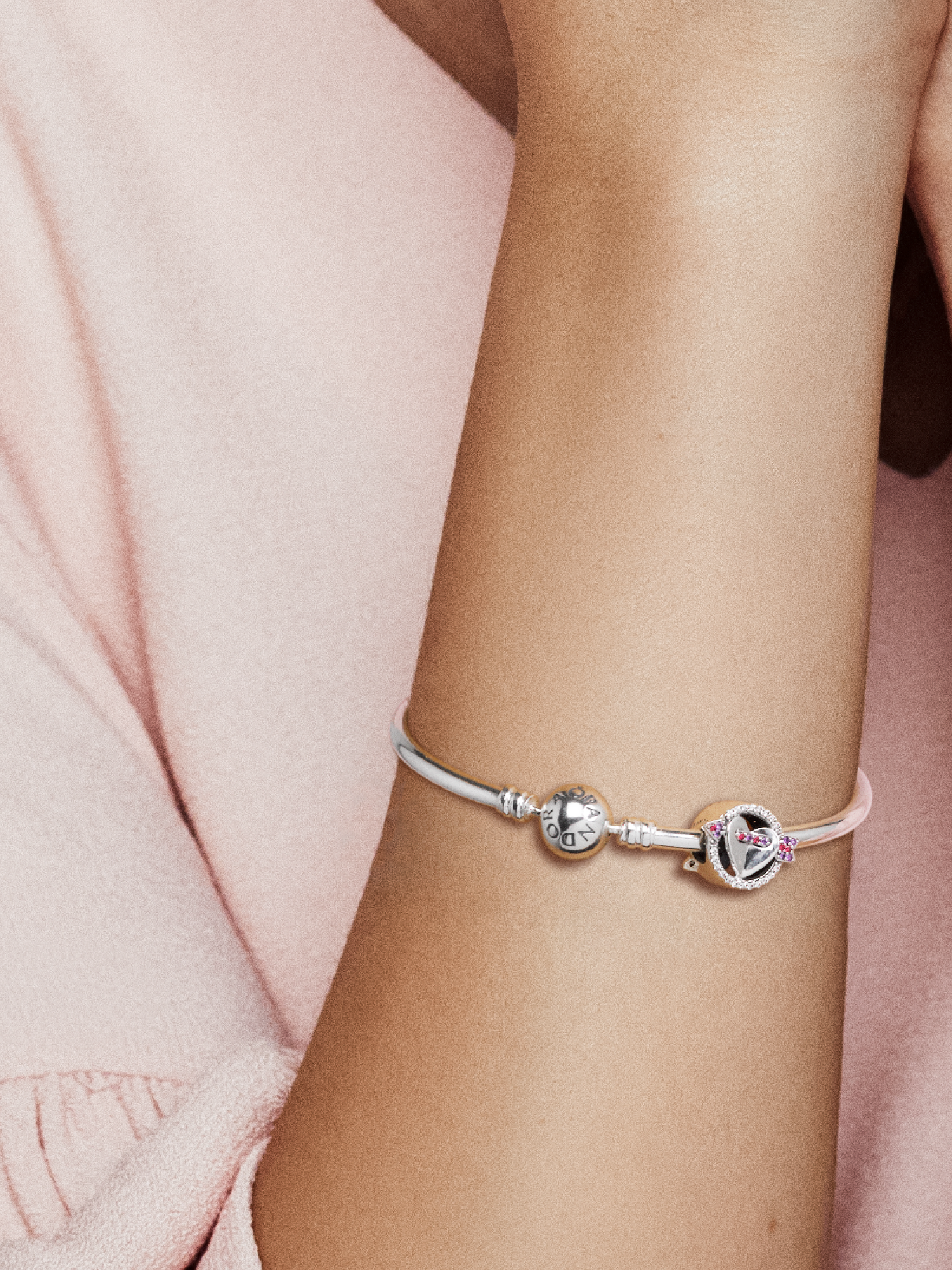 Heart and arrow silver charm with clear and red cubic zirconia and
