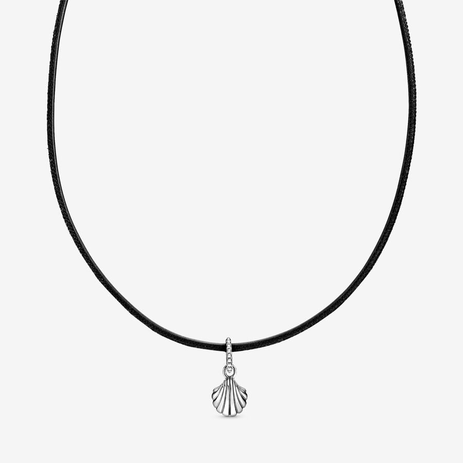 Black Leather Seashell Choker Necklace image number 0
