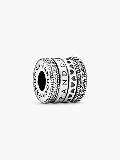 PANDORA logo silver spinning charm with clear cubic zirconia