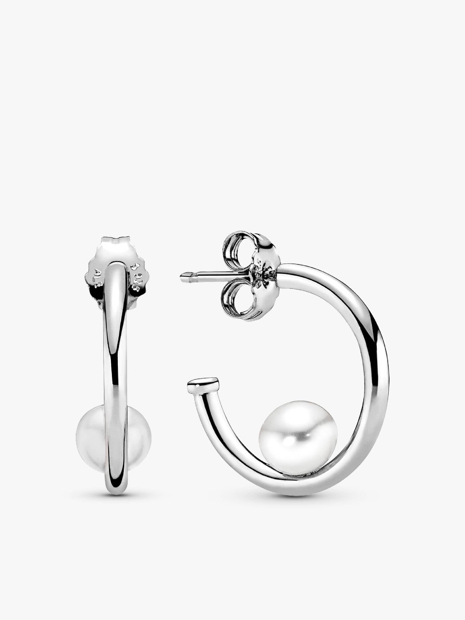 Silver hoop earrings with white freshwater cultured pearl