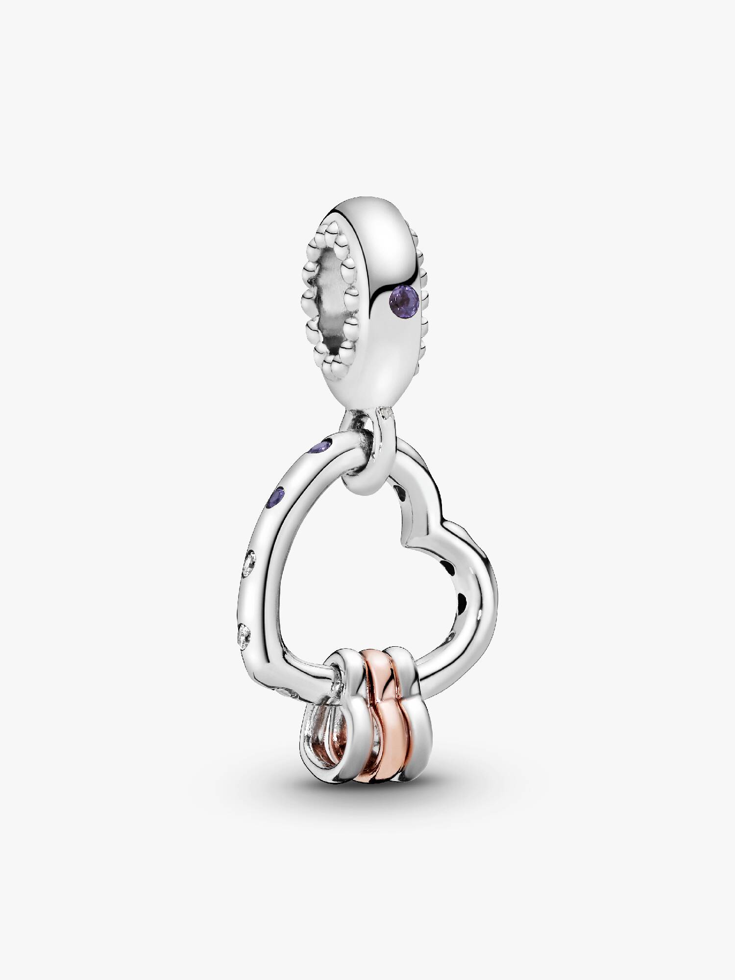 Heart silver and 14k rose gold-plated dangle with lilac crystal, royal purple crystal and clear cubic zirconia