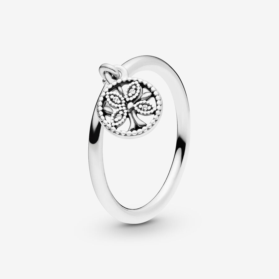 Family tree silver ring with clear cubic zirconia image number 0