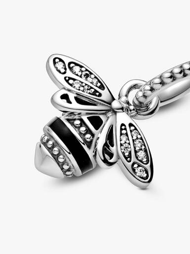 Bee sterling silver pendant with clear cubic zirconia and black enamel