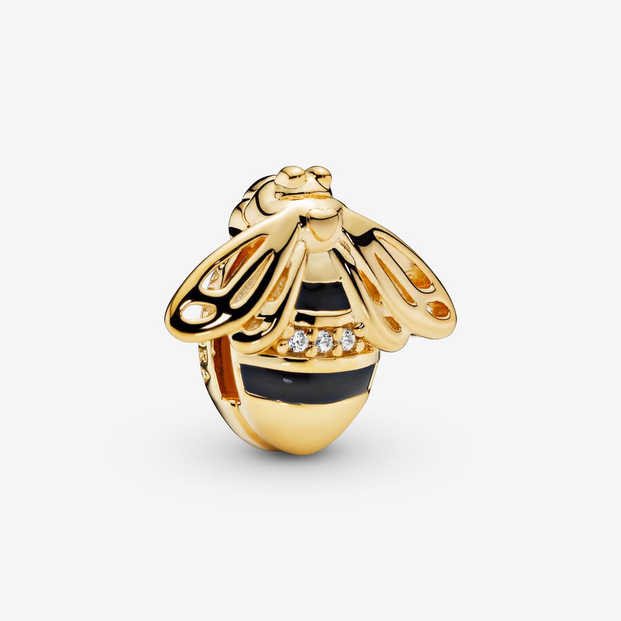 Pandora Reflexions bee clip charm in 14k gold-plated with clear cubic zirconia and black enamel image number 0
