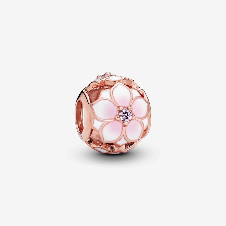 Magnolia 14k rose gold-plated charm with blush pink crystal, white and shaded pink enamel image number 0