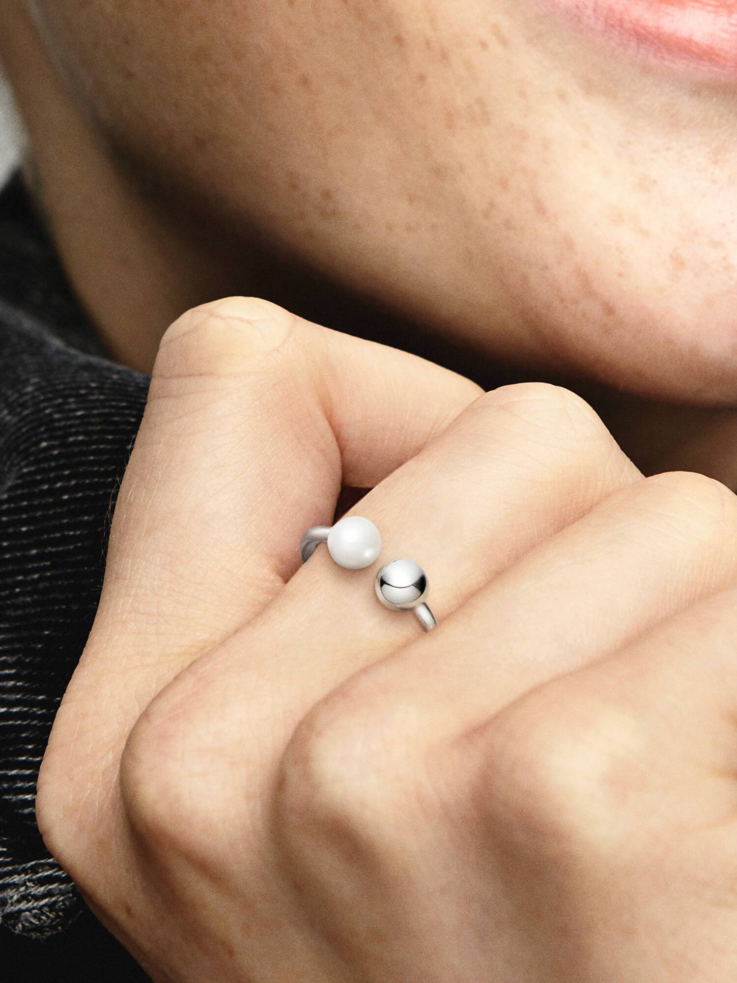 Open silver ring with white freshwater cultured pearl