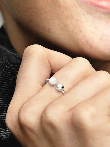 Open silver ring with white freshwater cultured pearl