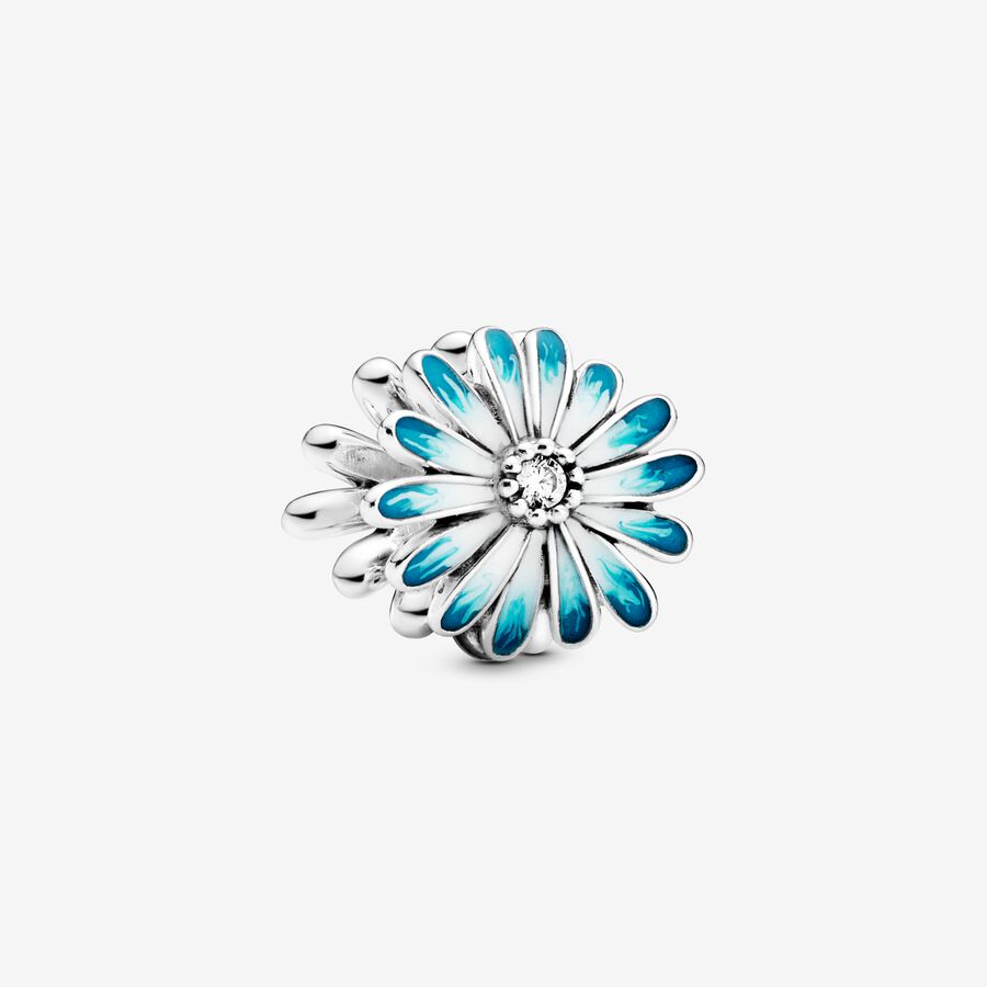 Daisy sterling silver charm with clear cubic zirconia and shaded blue enamel image number 0