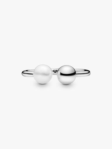 Open silver ring with white freshwater cultured pearl