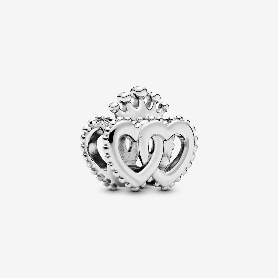 Interlocked crowned hearts silver charm image number 0