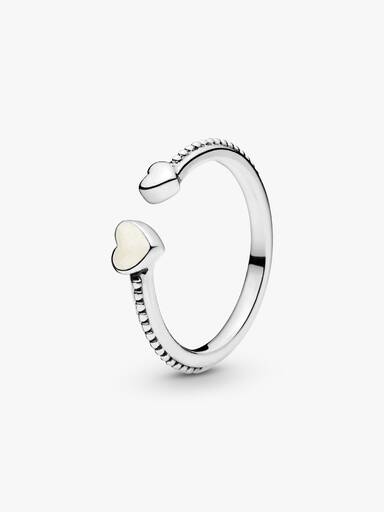 Open heart silver ring with silver enamel