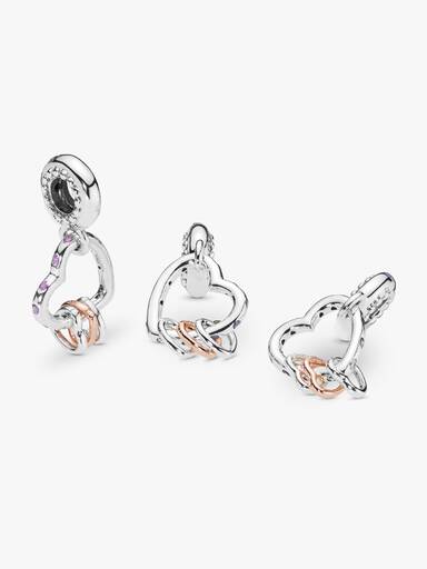 Heart silver and 14k rose gold-plated dangle with lilac crystal, royal purple crystal and clear cubic zirconia