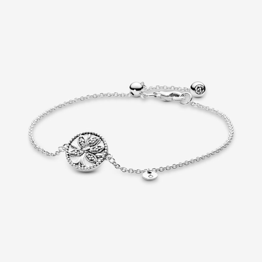 Family tree silver bracelet with clear cubic zirconia and white enamel image number 0