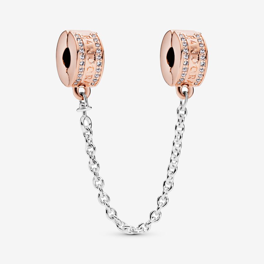 14k Rose gold-plated logo safety chain with clear cubic zirconia, silicone grip and silver chain image number 0