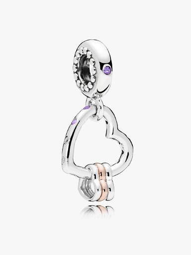 Heart silver and 14k rose gold-plated dangle with lilac crystal, royal purple crystal and clear cubic zirconia