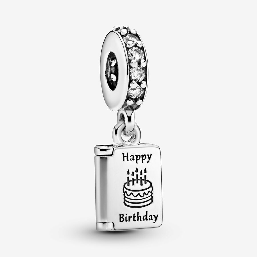 Birthday card silver dangle with clear cubic zirconia image number 0