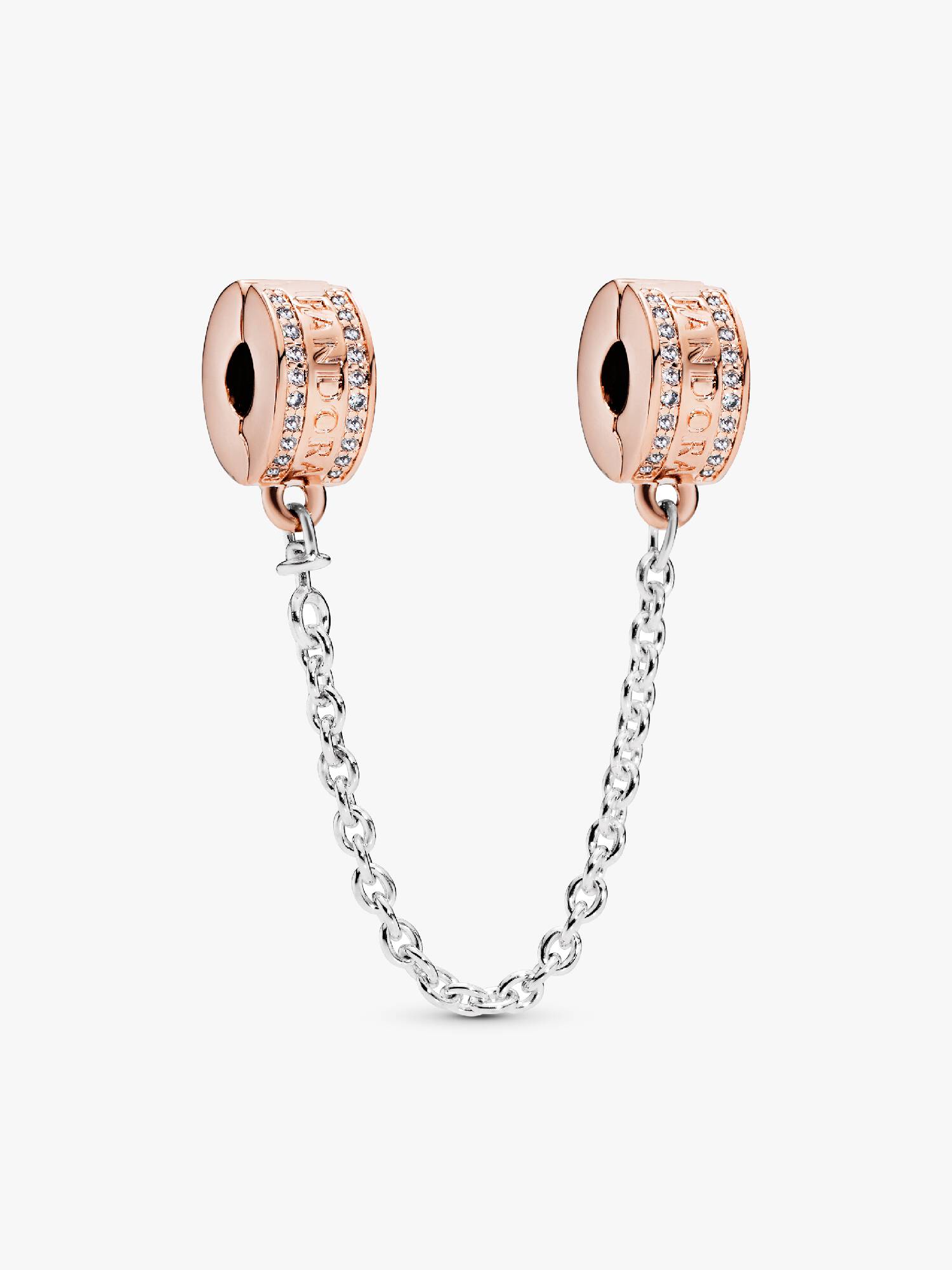 14k Rose gold-plated logo safety chain with clear cubic zirconia, silicone grip and silver chain