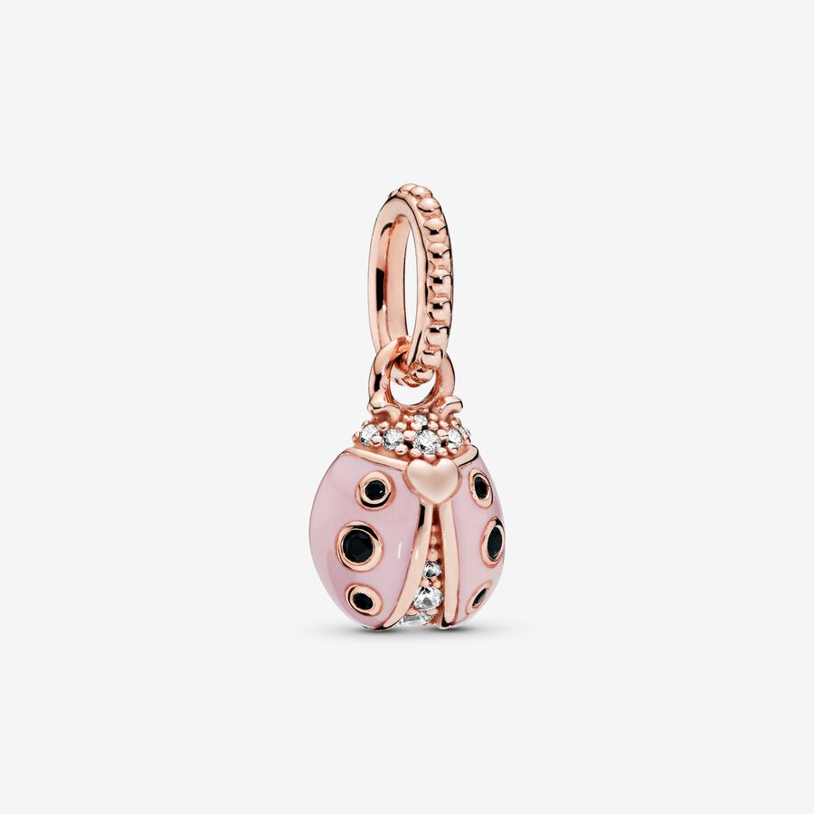 Ladybird 14k rose gold-plated pendant with clear cubic zirconia, black crystal and pink enamel image number 0