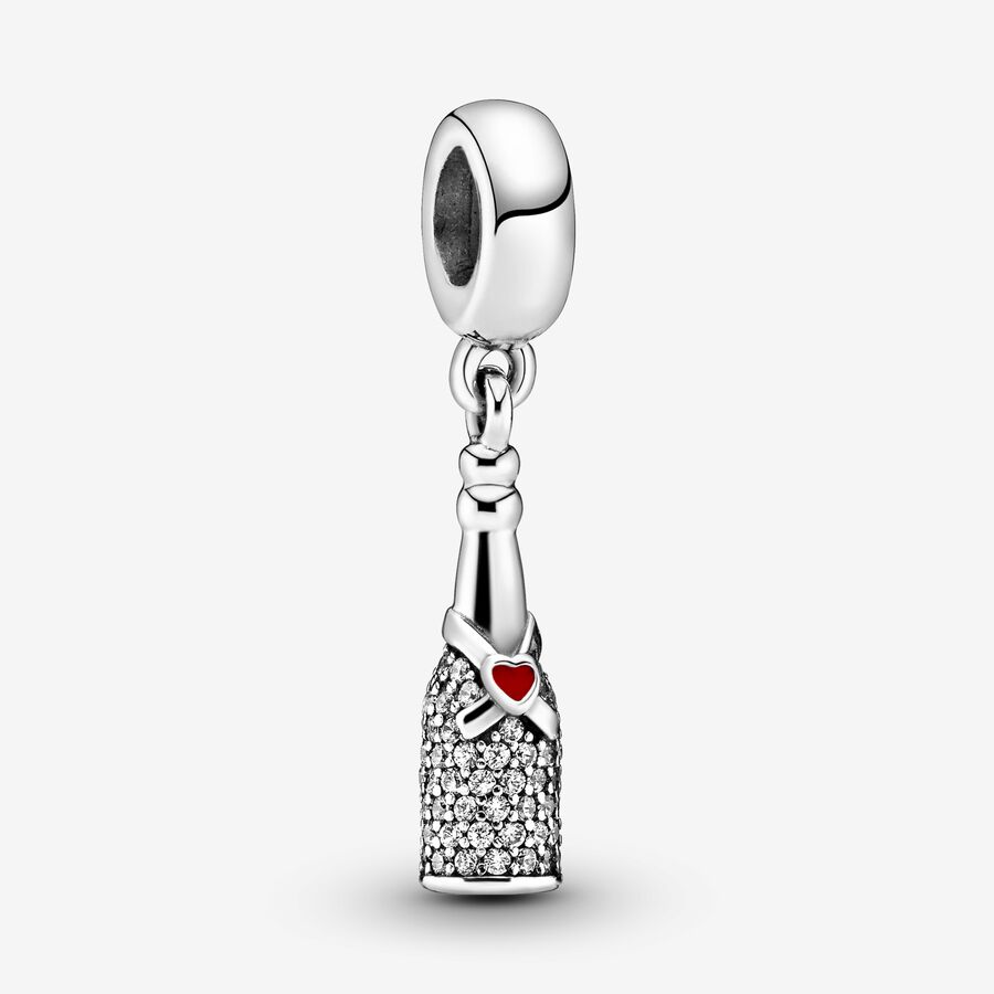 Sparkling wine silver dangle with clear cubic zirconia and red enamel image number 0