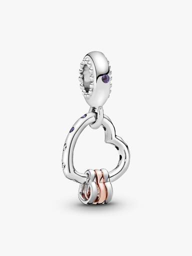 Heart silver and 14k rose gold-plated dangle with lilac crystal, royal purple crystal and clear cubic zirconia