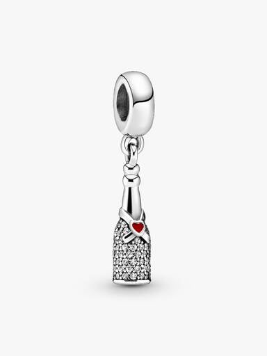 Sparkling wine silver dangle with clear cubic zirconia and red enamel